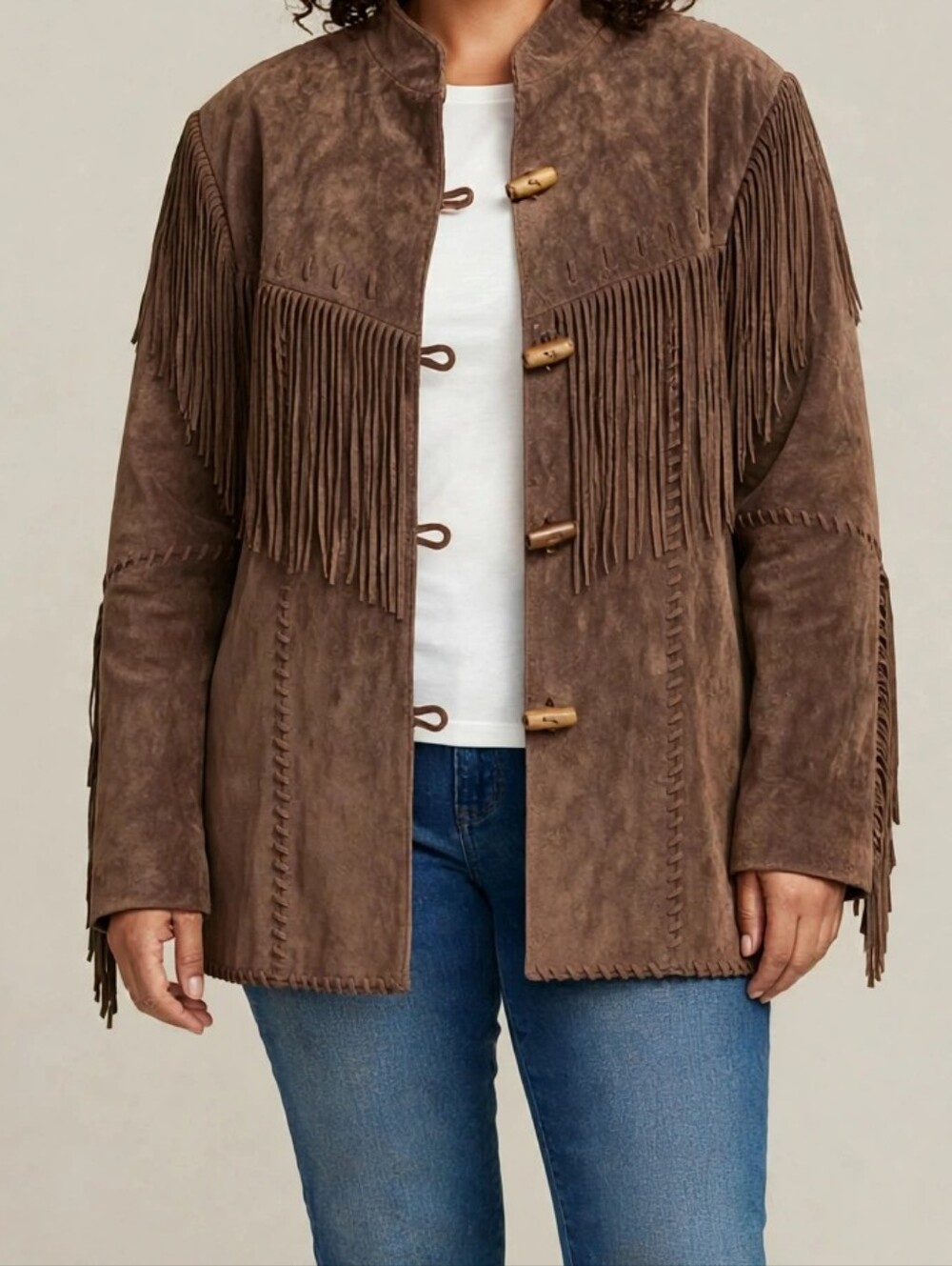 Scully Brown Suede Fringe Jacket Western Boho Antler Buttons Size XXL